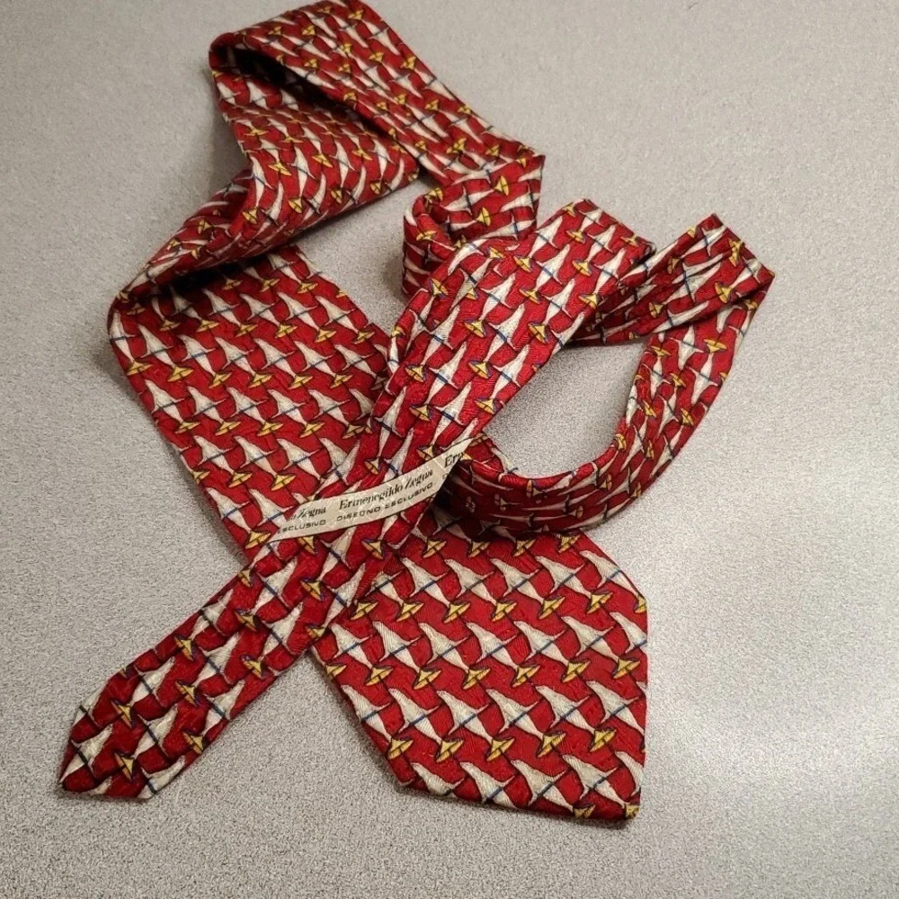Ermenegildo Zegna Silk Necktie Mens Seal Umbrella Novelty Disegno Esclusivo Red
